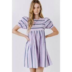 English Factory Lilac Puff Sleeve Striped Mini Dress Size M Medium